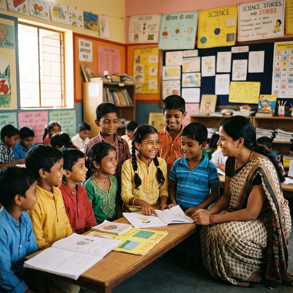 A teacher reading with a group of students around a classroom table