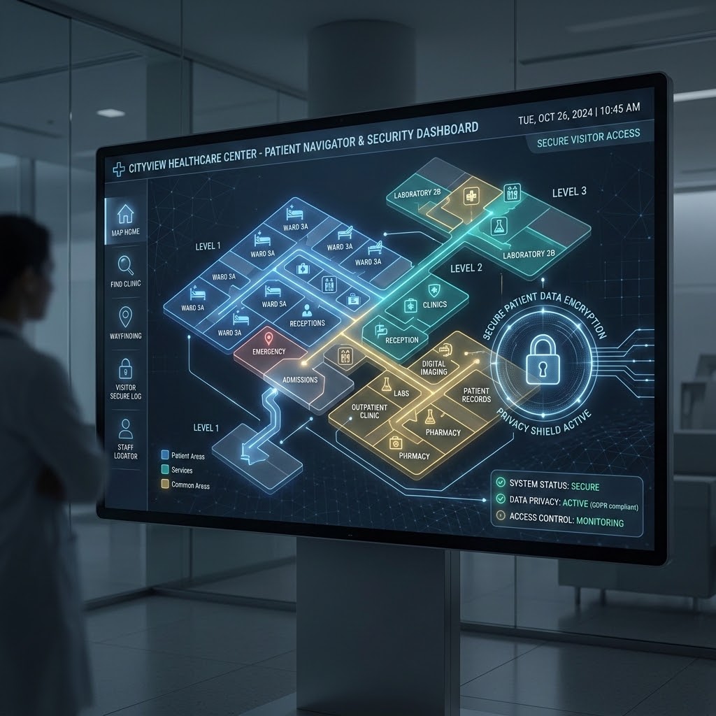 A digital display showing a map of a multi-level hospital