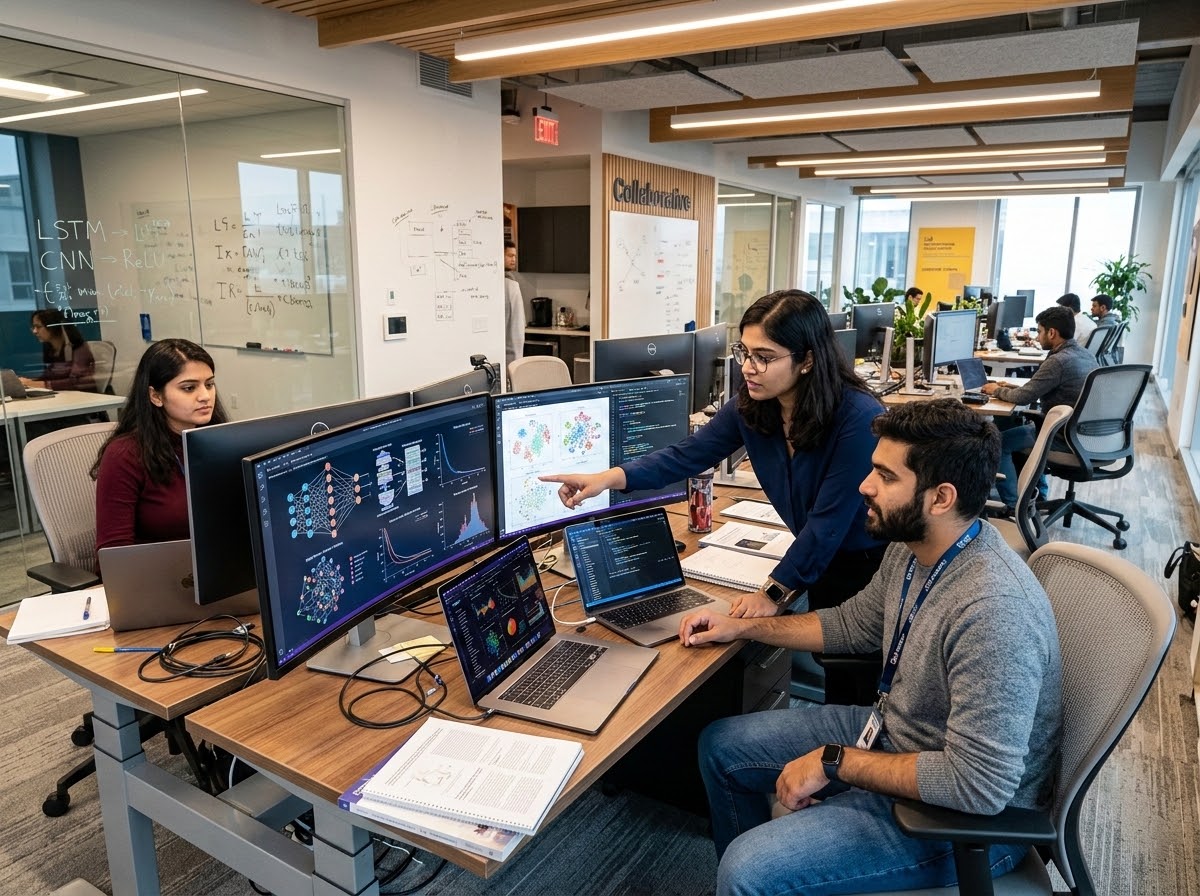 Students and a mentor working at computer screens showing data dashboards